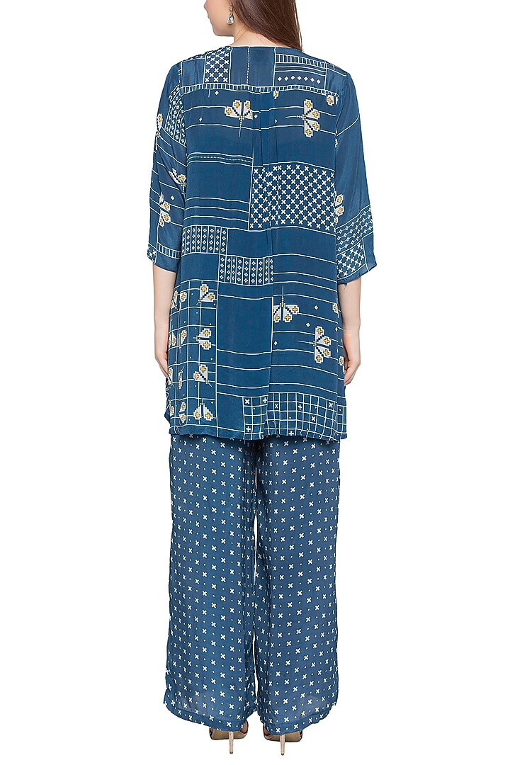 Blue Printed Jumpsuit With High-Low Jacket by Soup by Sougat Paul at Pernia's Pop Up Shop