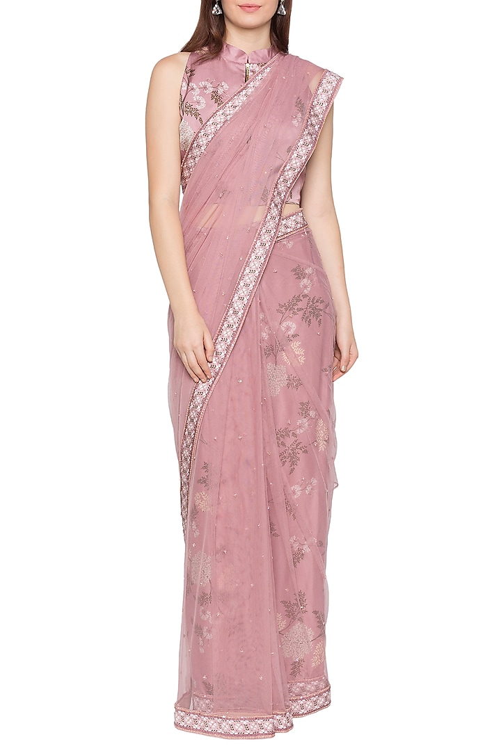 Blush Pink Printed & Embellished Pre-Stitched Saree Set by Soup by Sougat Paul