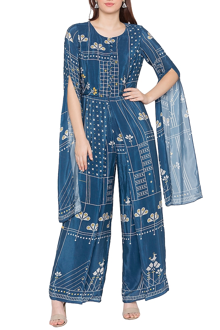Blue Printed Jumpsuit by Soup by Sougat Paul