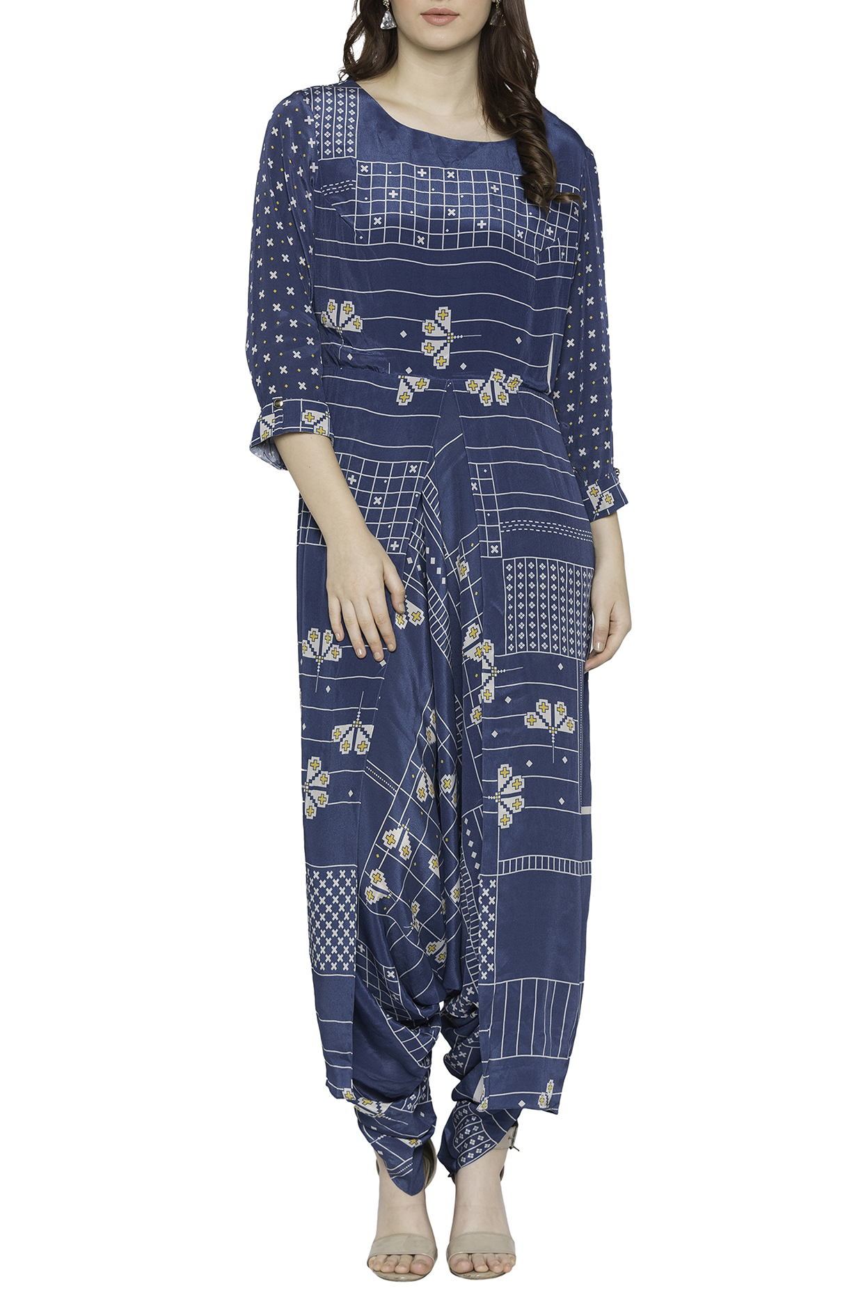 Blue Printed Dhoti Style Jumpsuit by Soup by Sougat Paul at Pernia's Pop Up Shop