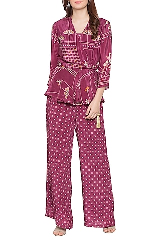 Maroon Peplum Style Wrap Jumpsuit by Soup by Sougat Paul