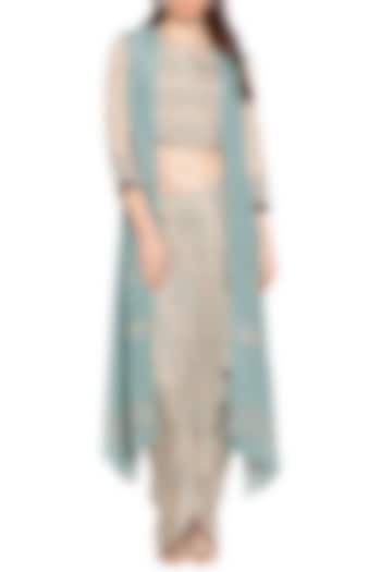 Blue Printed Long Jacket With Beige Draped Skirt & Crop Top by Soup by Sougat Paul
