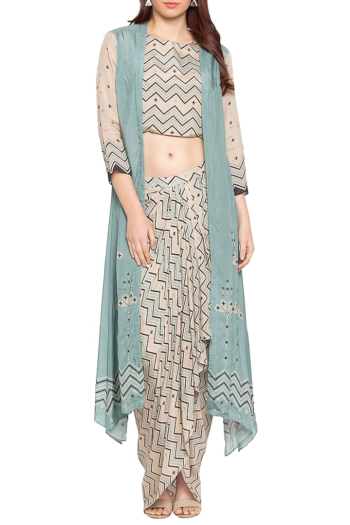 Blue Printed Long Jacket With Beige Draped Skirt & Crop Top by Soup by Sougat Paul