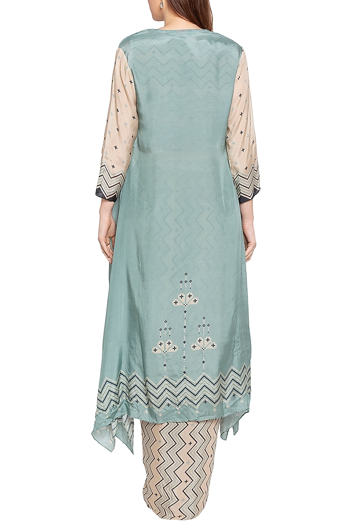 Blue Printed Long Jacket With Beige Draped Skirt & Crop Top by Soup by Sougat Paul at Pernia's Pop Up Shop