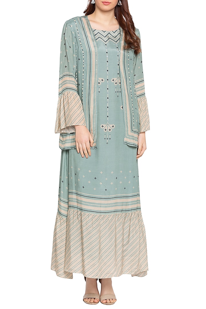 Blue & Beige Printed Maxi Dress With Jacket by Soup by Sougat Paul at Pernia's Pop Up Shop