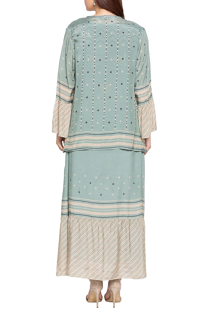 Blue & Beige Printed Maxi Summer Dress With Jacket by Soup by Sougat Paul at Pernia's Pop Up Shop