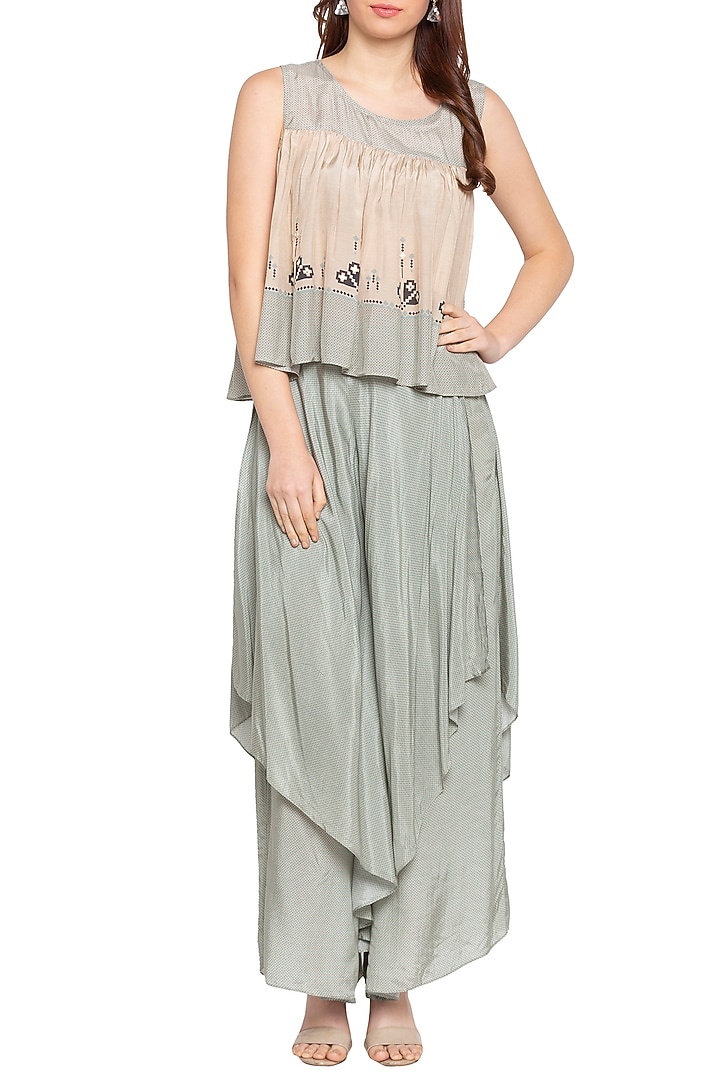 Blue & Beige Printed Embellished Top With Layered Pants by Soup by Sougat Paul at Pernia's Pop Up Shop