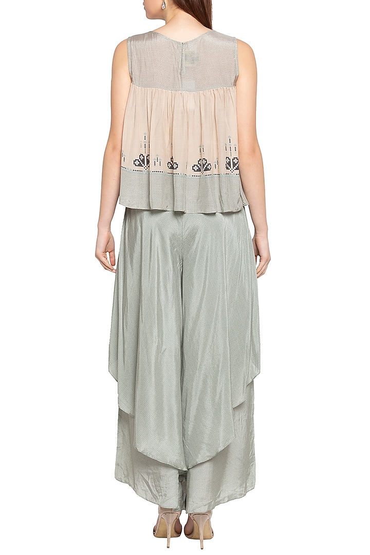 Blue & Beige Printed Embellished Top With Layered Pants by Soup by Sougat Paul at Pernia's Pop Up Shop