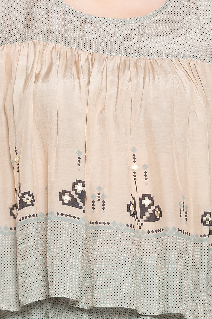 Blue & Beige Printed Embellished Top With Layered Pants by Soup by Sougat Paul at Pernia's Pop Up Shop