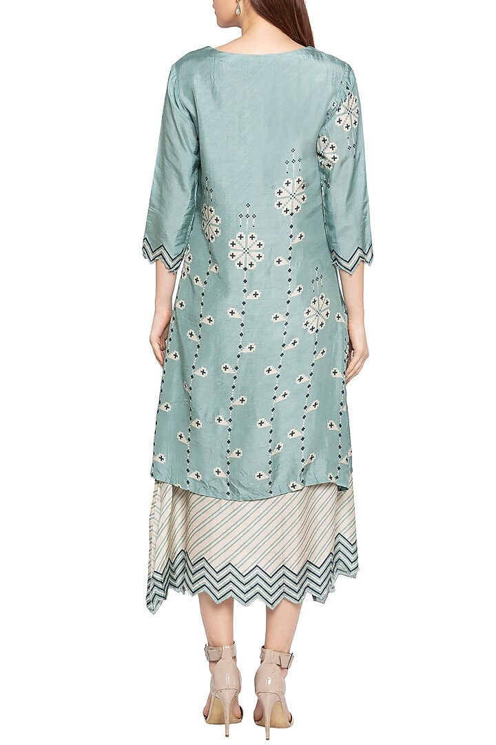 Blue & Beige Printed Layered Midi Summer Dress by Soup by Sougat Paul at Pernia's Pop Up Shop