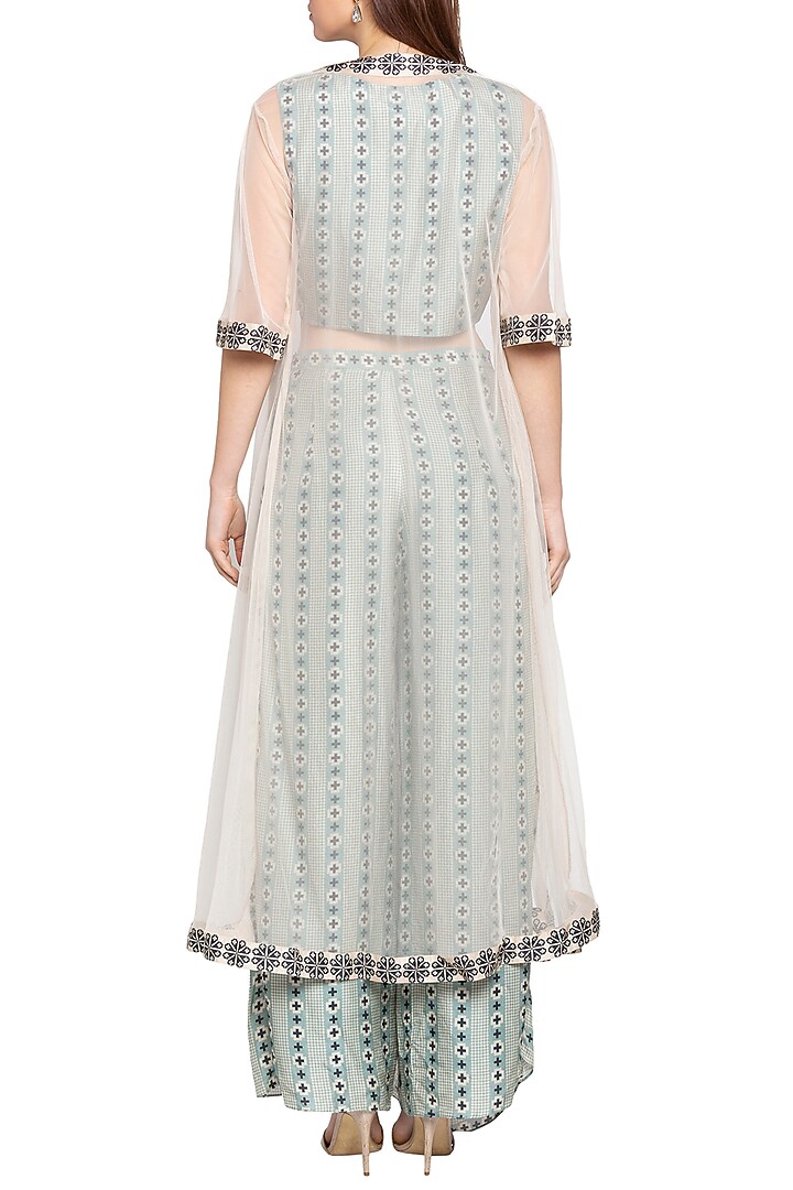Blue Printed Crop Top With Drape Pants & Beige Sheer Jacket by Soup by Sougat Paul at Pernia's Pop Up Shop