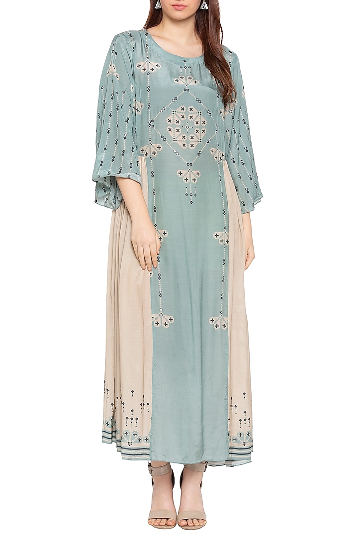 Blue & Beige Printed Embellished Maxi Dress by Soup by Sougat Paul