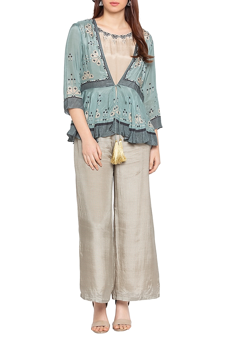 Blue Printed & Embellished Peplum Jacket With Beige Jumpsuit by Soup by Sougat Paul