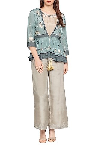 Blue Printed & Embellished Peplum Jacket With Beige Jumpsuit by Soup by Sougat Paul