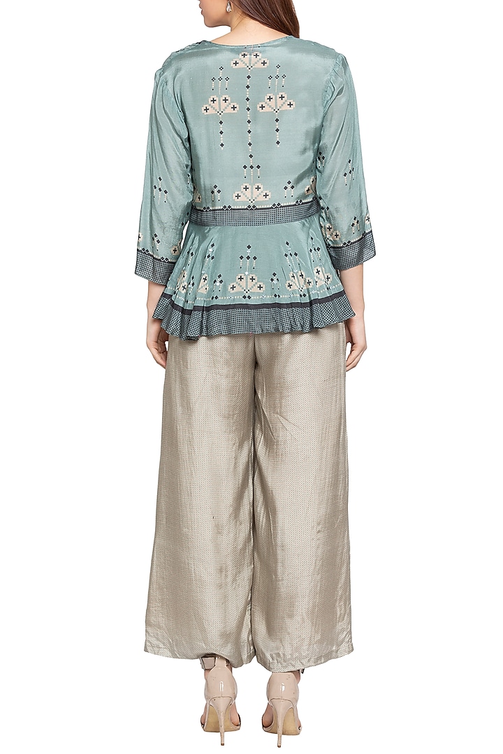 Blue Printed & Embellished Peplum Jacket With Beige Jumpsuit by Soup by Sougat Paul at Pernia's Pop Up Shop