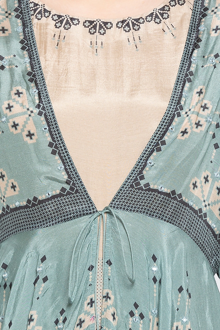 Blue Printed & Embellished Peplum Jacket With Beige Jumpsuit by Soup by Sougat Paul at Pernia's Pop Up Shop