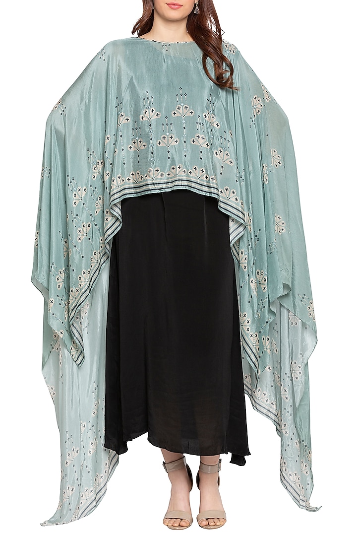 Sea Green Printed Cape With Black Maxi Dress by Soup by Sougat Paul