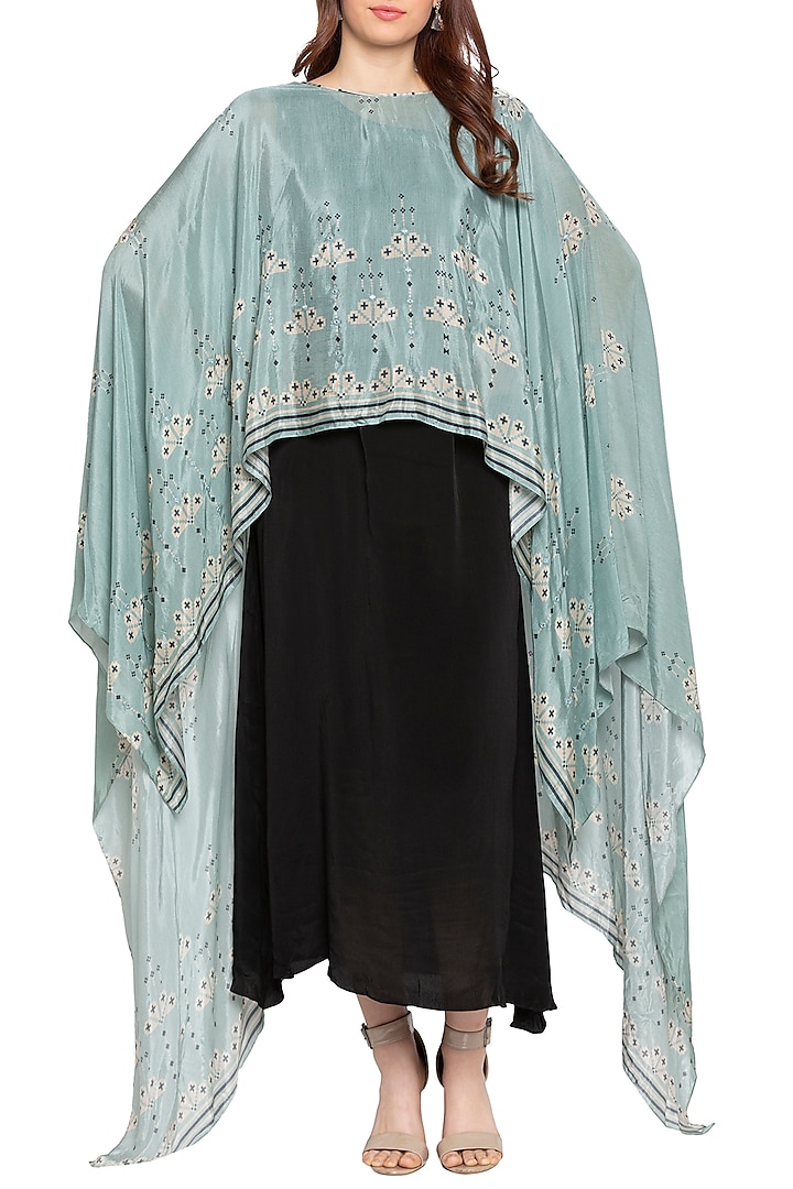 Sea Green Printed Cape With Black Maxi Dress by Soup by Sougat Paul at Pernia's Pop Up Shop