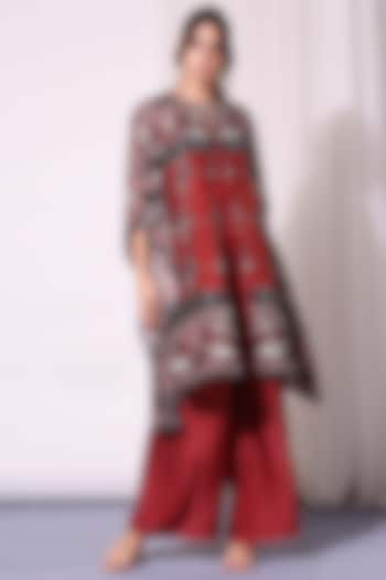 Merlot Red Strappy Jumpsuit With Printed Kaftan Jacket by Soup by Sougat Paul