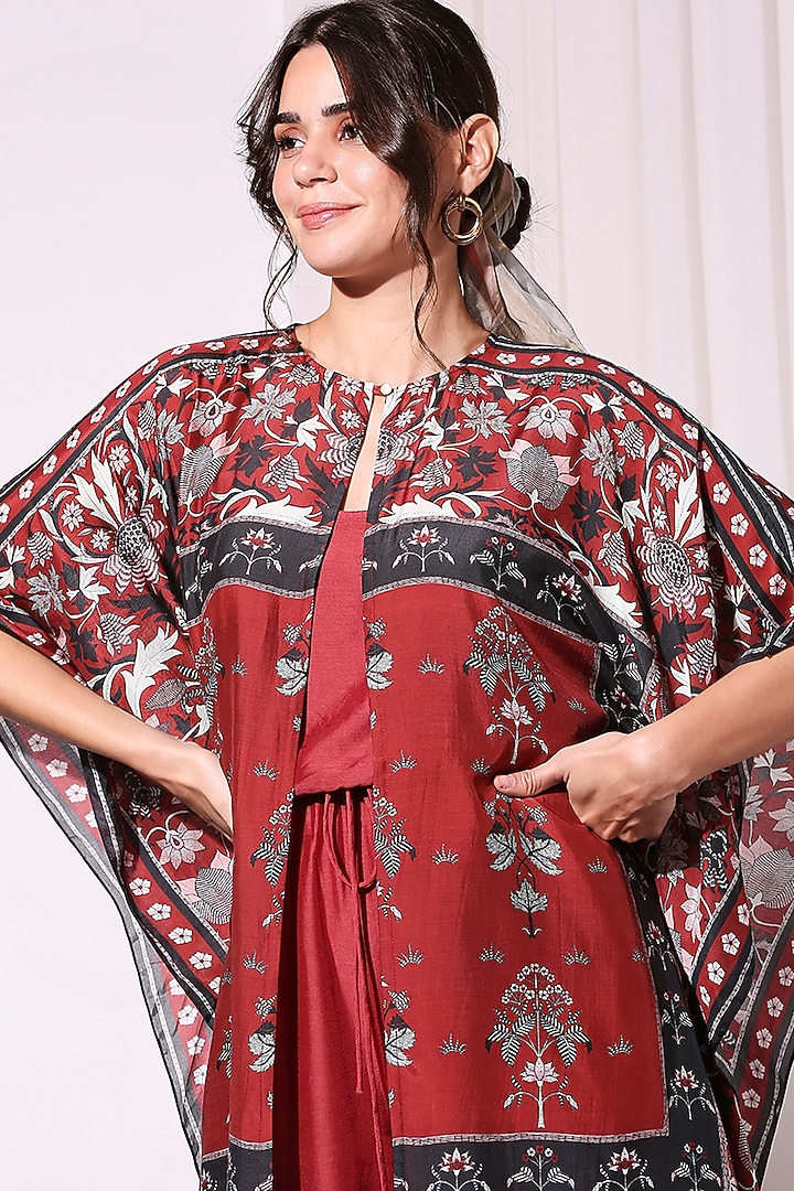 Merlot Red Strappy Jumpsuit With Printed Kaftan Jacket by Soup by Sougat Paul at Pernia's Pop Up Shop