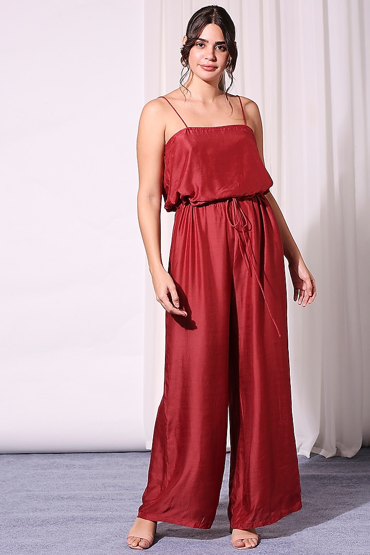 Merlot Red Strappy Jumpsuit With Printed Kaftan Jacket by Soup by Sougat Paul at Pernia's Pop Up Shop