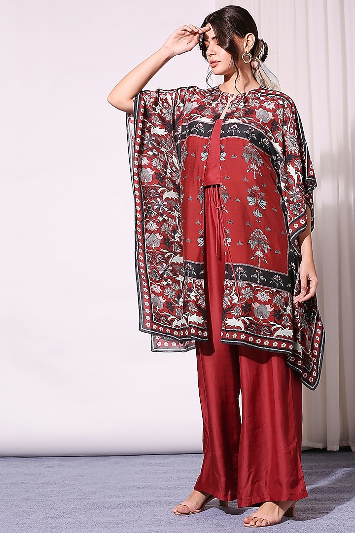 Merlot Red Strappy Jumpsuit With Printed Kaftan Jacket by Soup by Sougat Paul at Pernia's Pop Up Shop