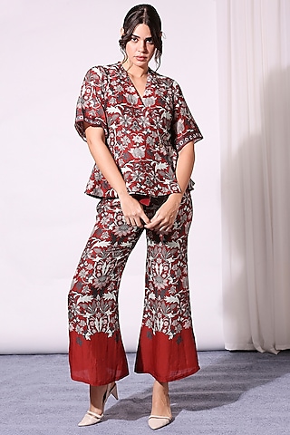 Merlot Red Printed Straight Pant Set by Soup by Sougat Paul