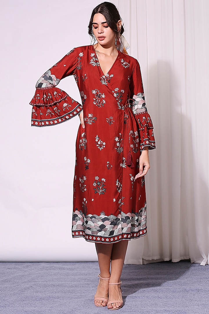 Merlot Red Printed Overlapped Dress by Soup by Sougat Paul at Pernia's Pop Up Shop