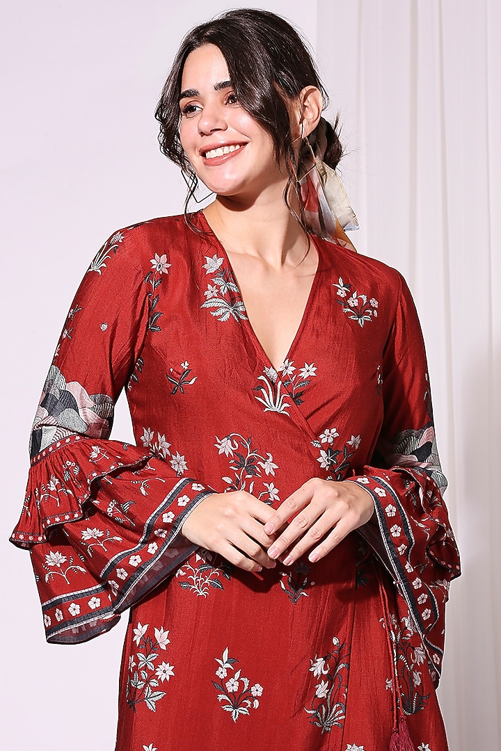 Merlot Red Printed Overlapped Summer Dress by Soup by Sougat Paul at Pernia's Pop Up Shop