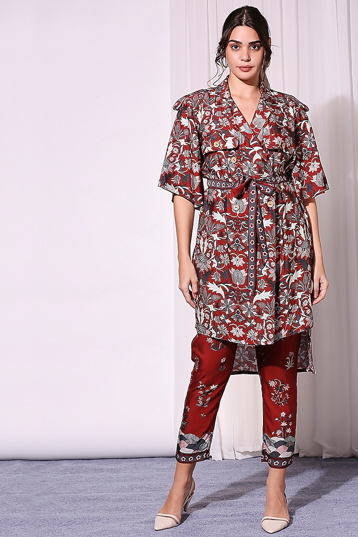 Merlot Red Printed Overlapped Jacket Set by Soup by Sougat Paul at Pernia's Pop Up Shop