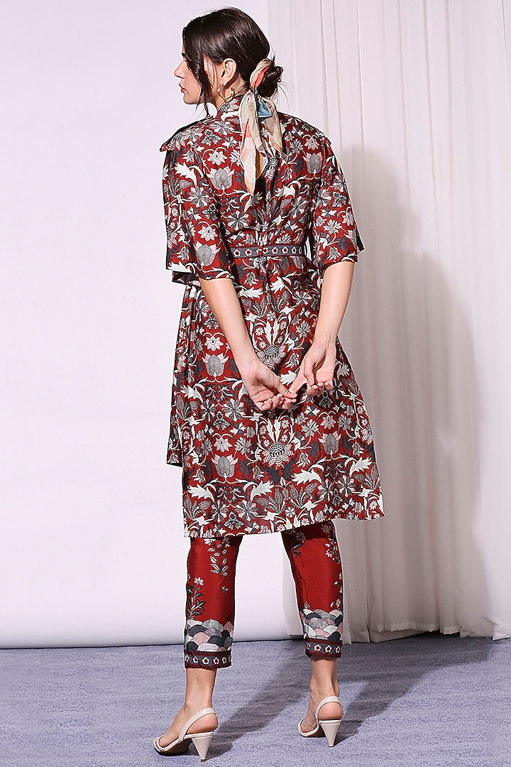 Merlot Red Printed Overlapped Jacket Set by Soup by Sougat Paul at Pernia's Pop Up Shop