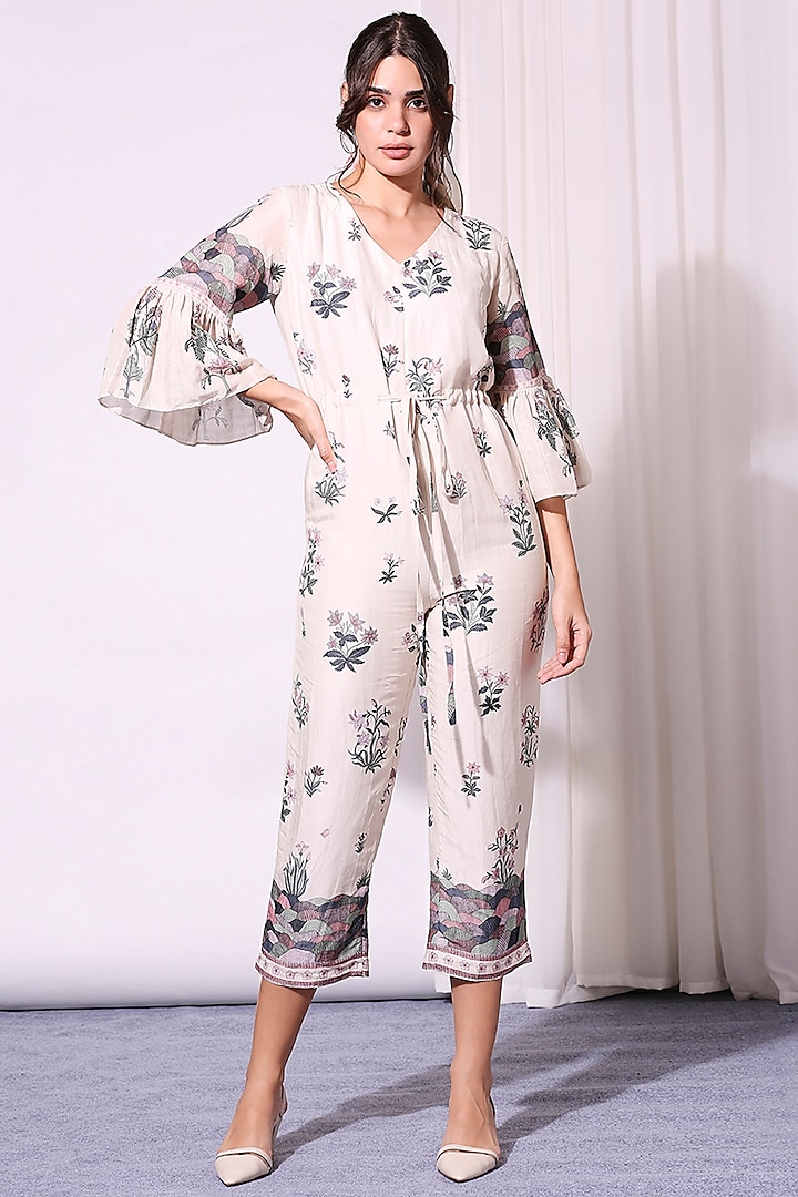 Off White Printed Jumpsuit by Soup by Sougat Paul