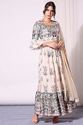 Off White Printed Skirt Set by Soup by Sougat Paul