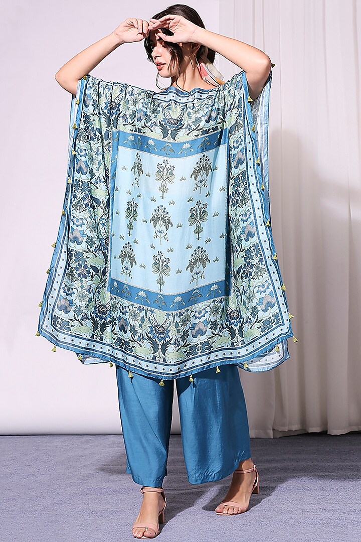 Teal Blue Cotton Silk Palazzo Pant Set by Soup by Sougat Paul