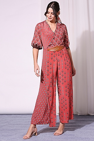Blush Red Printed Scalloped Jumpsuit by Soup by Sougat Paul
