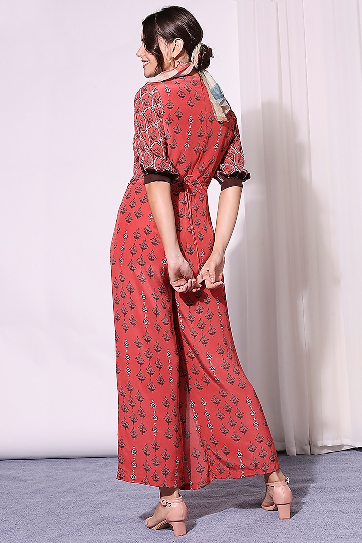 Blush Red Printed Scalloped Jumpsuit by Soup by Sougat Paul at Pernia's Pop Up Shop