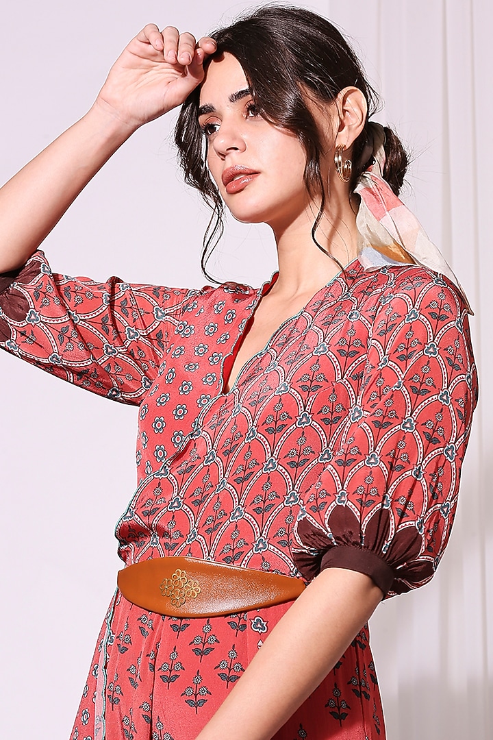 Blush Red Printed Scalloped Jumpsuit by Soup by Sougat Paul at Pernia's Pop Up Shop