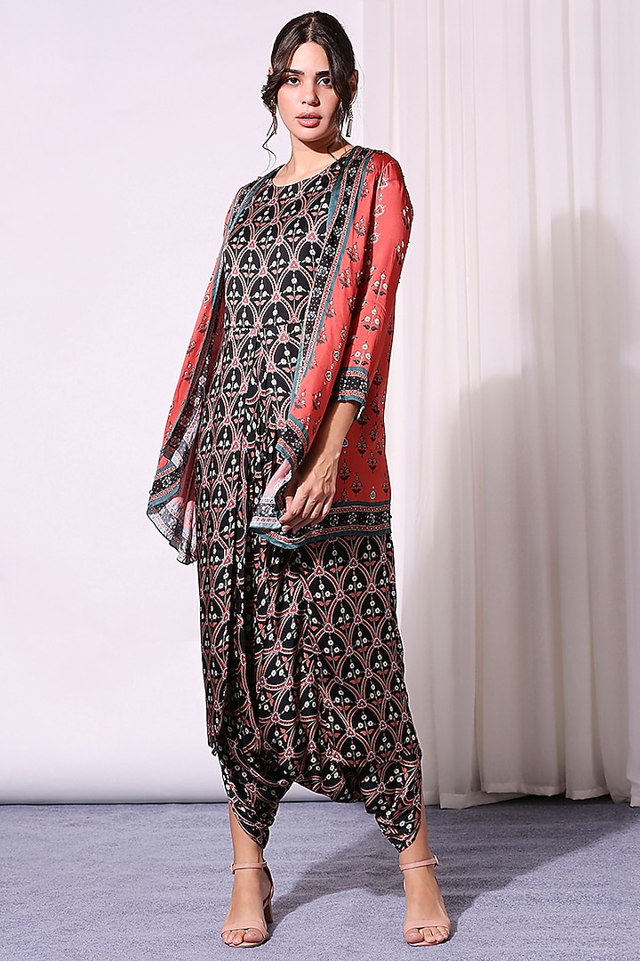 Black & Blush Red Printed Jumpsuit With Jacket by Soup by Sougat Paul