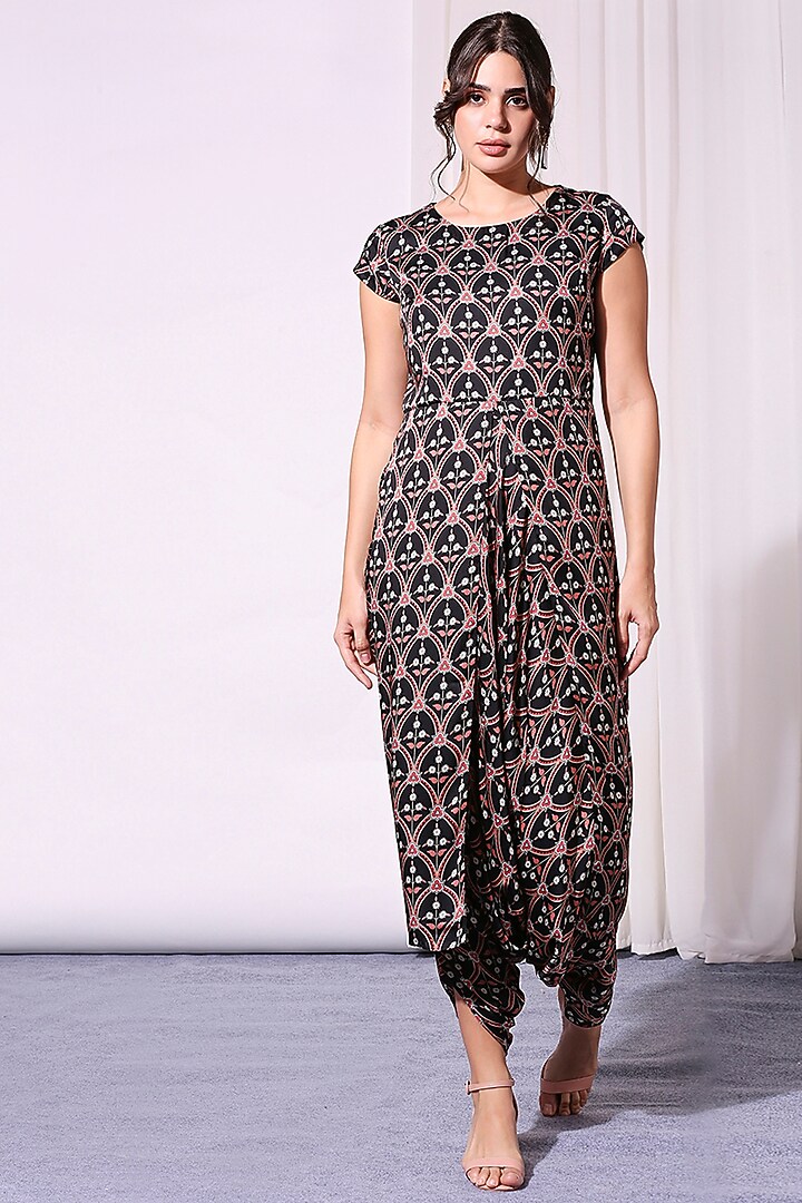 Black & Blush Red Printed Jumpsuit With Jacket by Soup by Sougat Paul at Pernia's Pop Up Shop