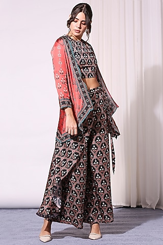 Black & Blush Red Printed Jacket Set by Soup by Sougat Paul