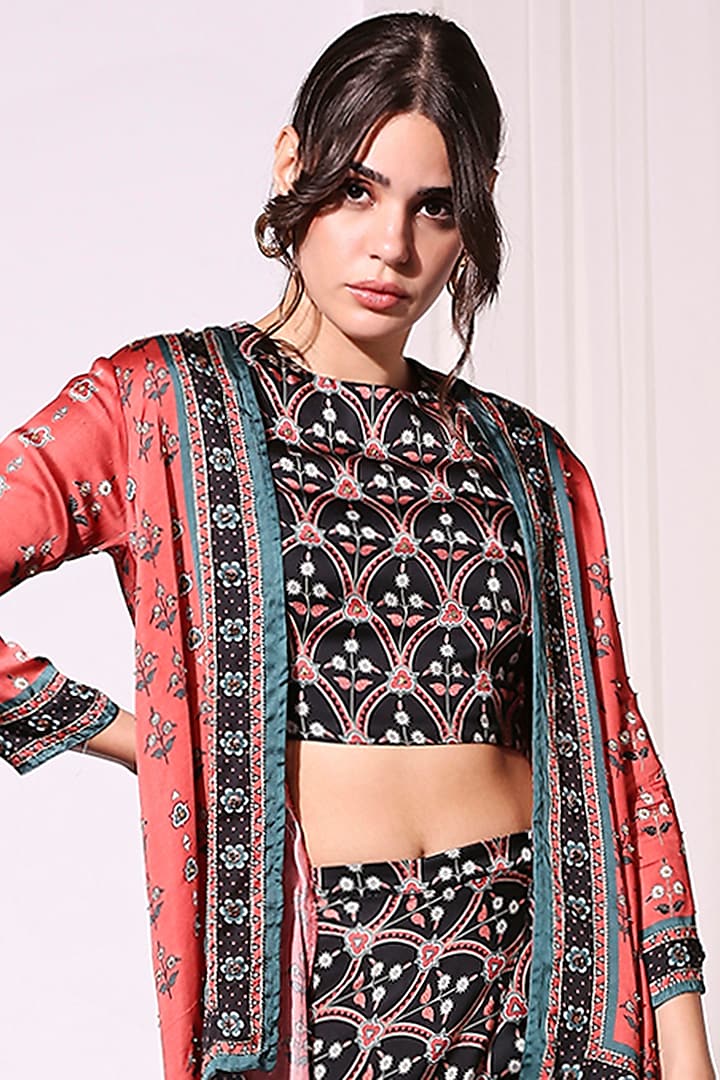 Black & Blush Red Printed Jacket Set by Soup by Sougat Paul at Pernia's Pop Up Shop
