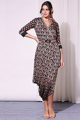 Black Printed Draped Dress With Detachable Belt by Soup by Sougat Paul