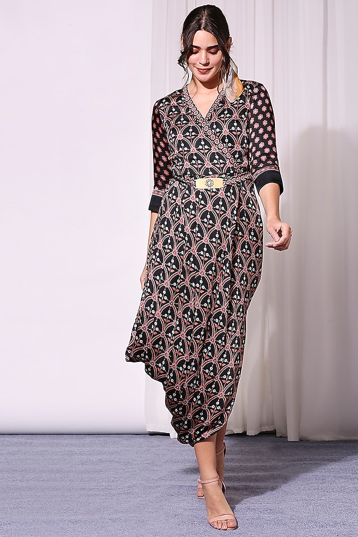 Black Printed Draped Summer Dress With Detachable Belt by Soup by Sougat Paul at Pernia's Pop Up Shop