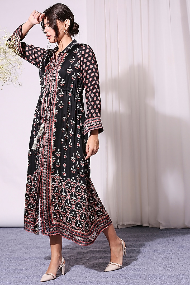 Black Printed Satin Summer Dress by Soup by Sougat Paul at Pernia's Pop Up Shop