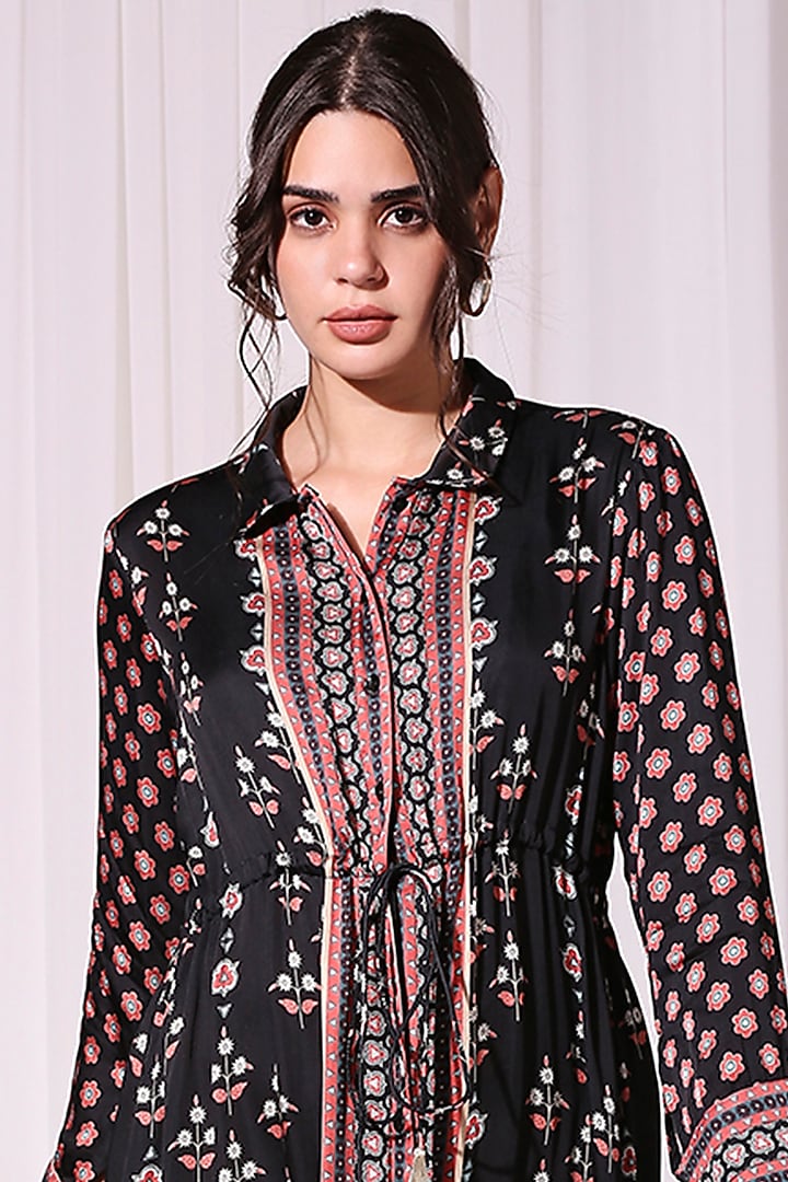 Black Printed Satin Summer Dress by Soup by Sougat Paul at Pernia's Pop Up Shop
