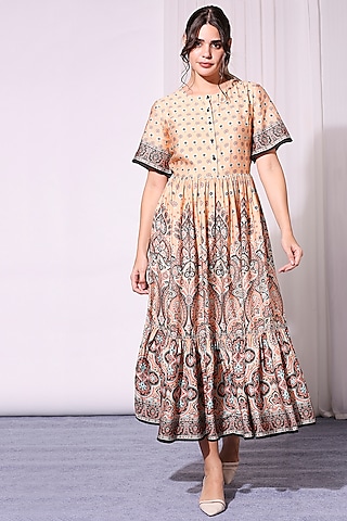 Coral Printed Chanderi Dress by Soup by Sougat Paul