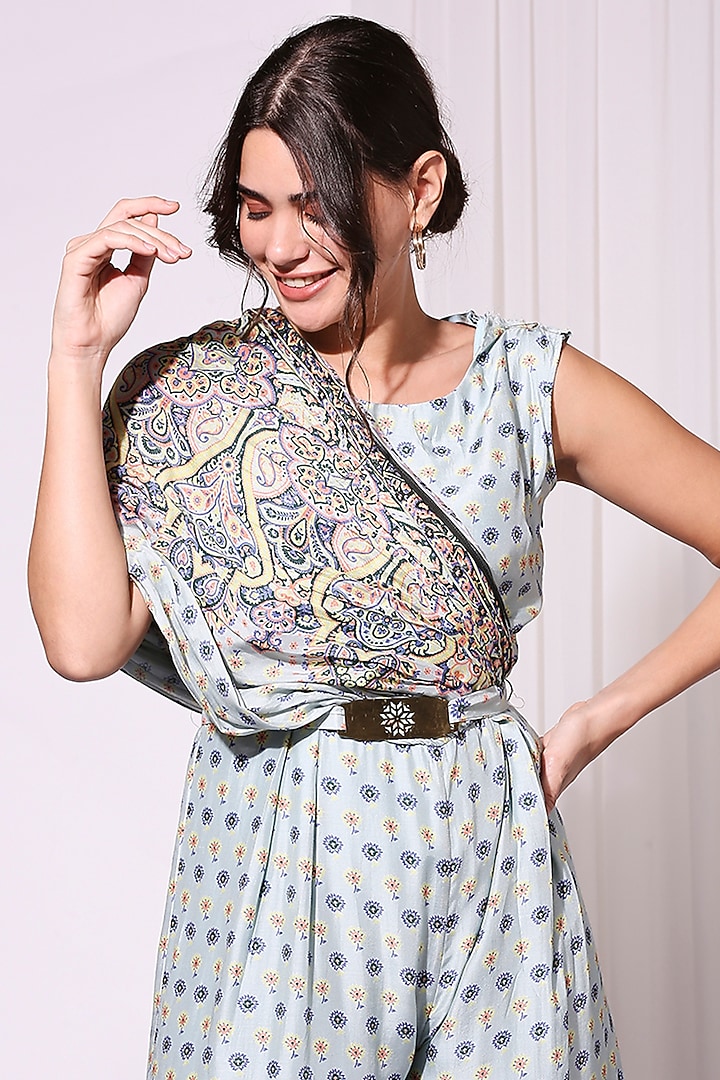 Powder Blue Printed Jumpsuit by Soup by Sougat Paul at Pernia's Pop Up Shop
