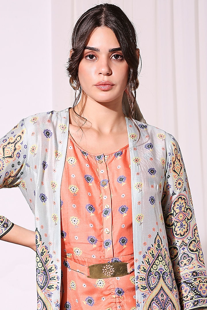 Coral Printed Summer Dress With Jacket by Soup by Sougat Paul at Pernia's Pop Up Shop