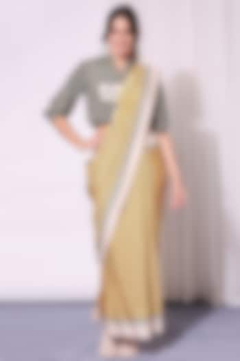 Slate Grey & Yellow Tussar Printed Draped Festive Saree Set by Soup by Sougat Paul at Pernia's Pop Up Shop