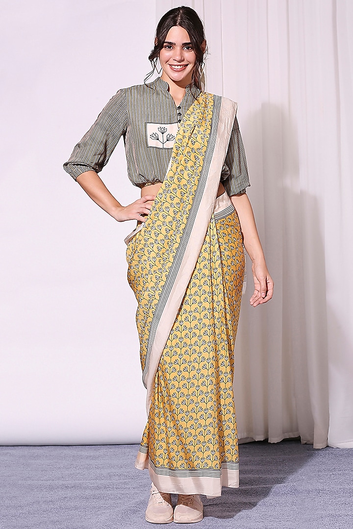 Slate Grey & Yellow Tussar Printed Draped Festive Saree Set by Soup by Sougat Paul at Pernia's Pop Up Shop